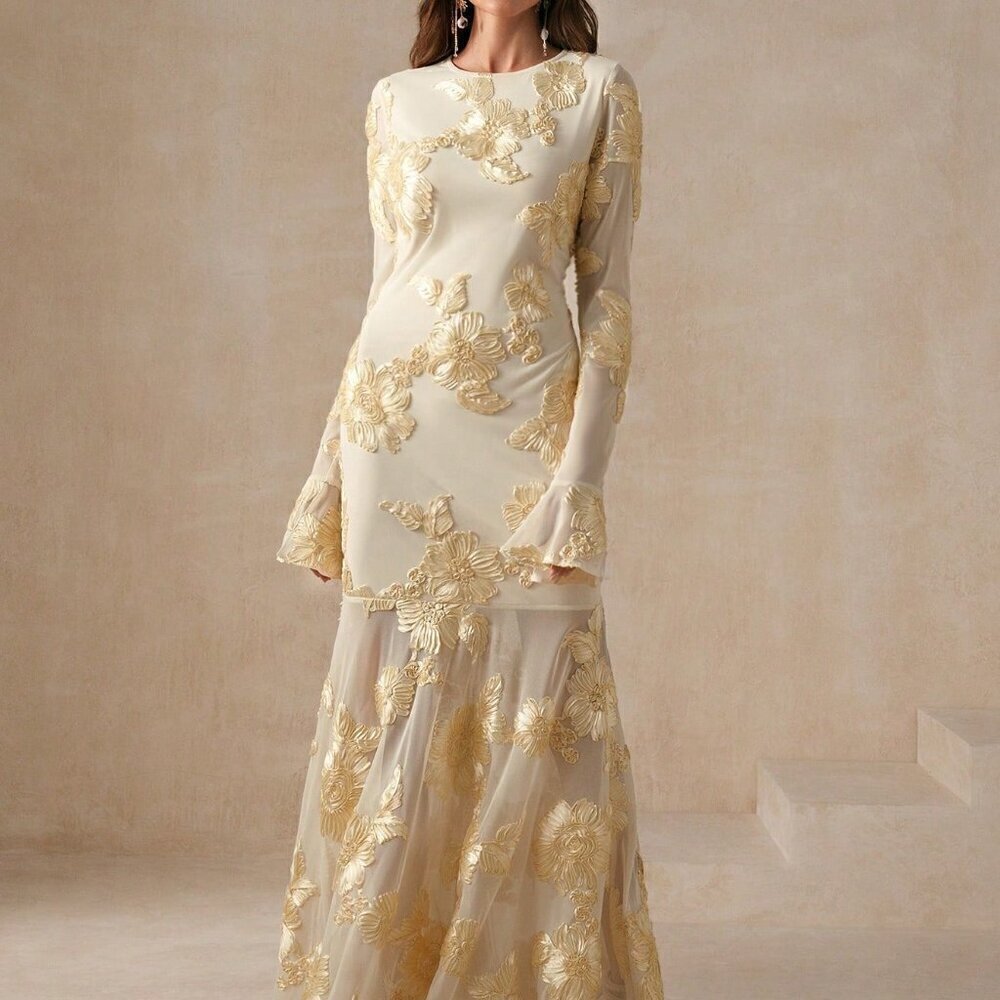 Apricot Elegant Women's Floral Embroidered Backless Fishtail Dress - Picture 6 of 6